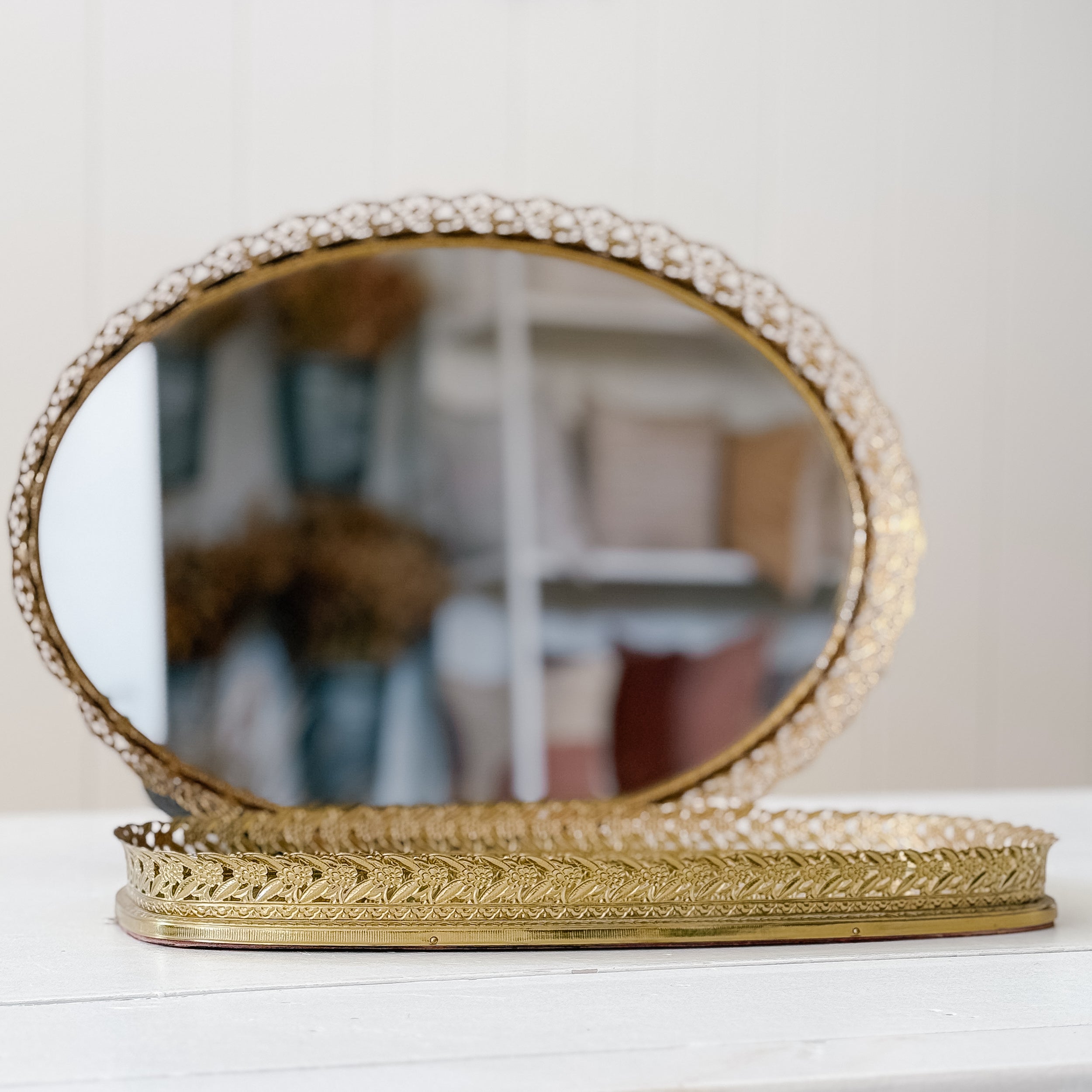 Vintage Gold Mirrored Filigree Vanity Tray | Large