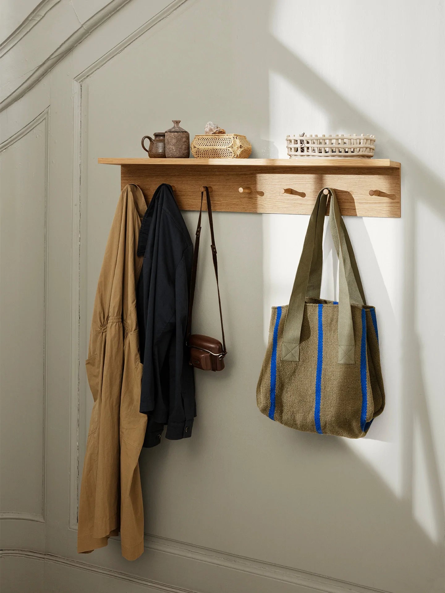 Oak Storage Shelf with Hooks