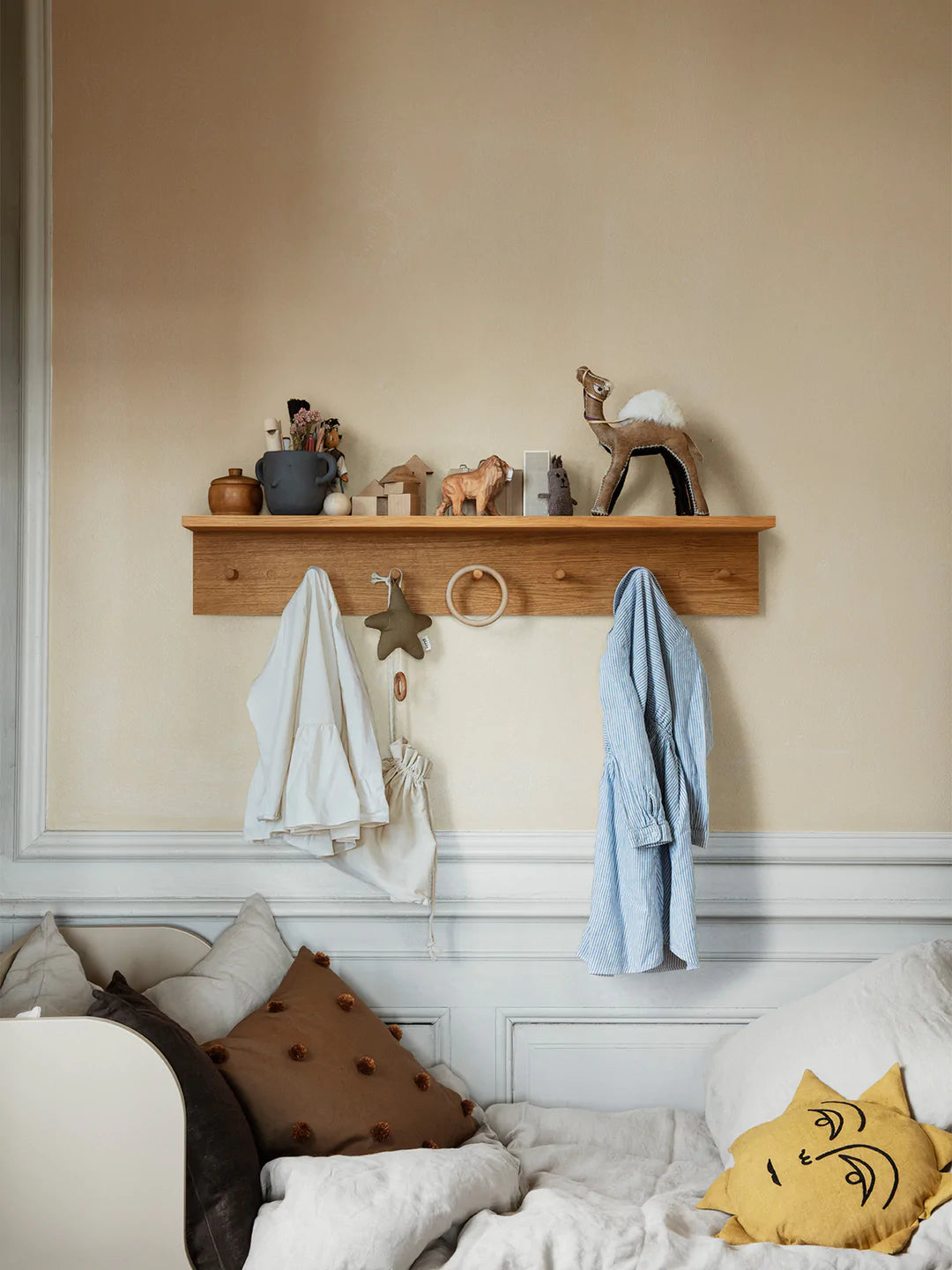 Oak Storage Shelf with Hooks